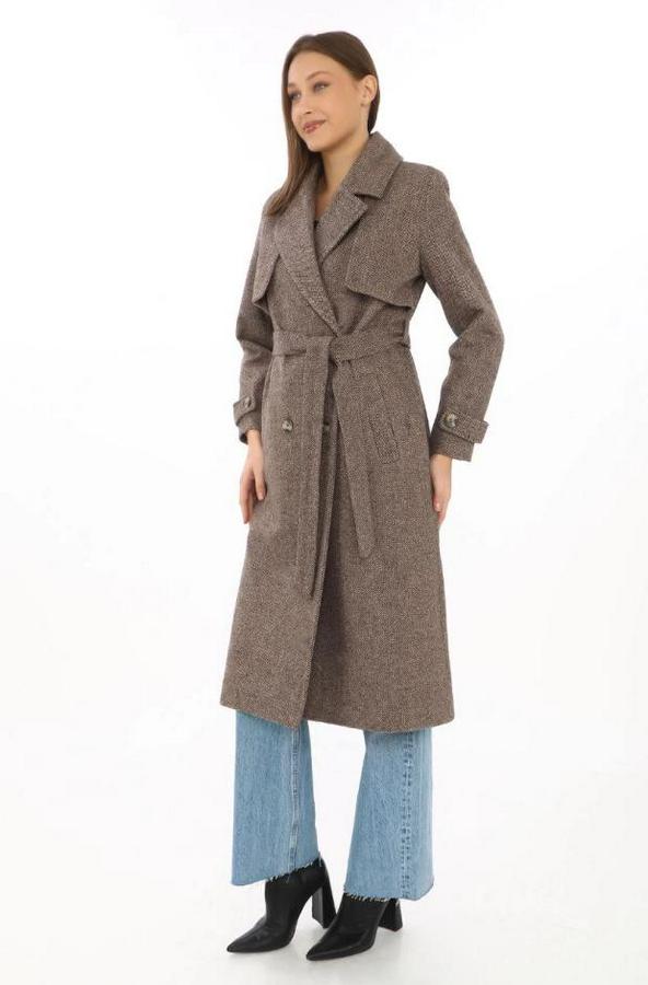 Balık Sırtı Yünlü Dokuma Kaşe Kaban – Kruvaze Yaka, Kuşaklı, Cepli, Astarlı Uzun Boy Tesettür Şık Kışlık Kaşe Kaban Modeli