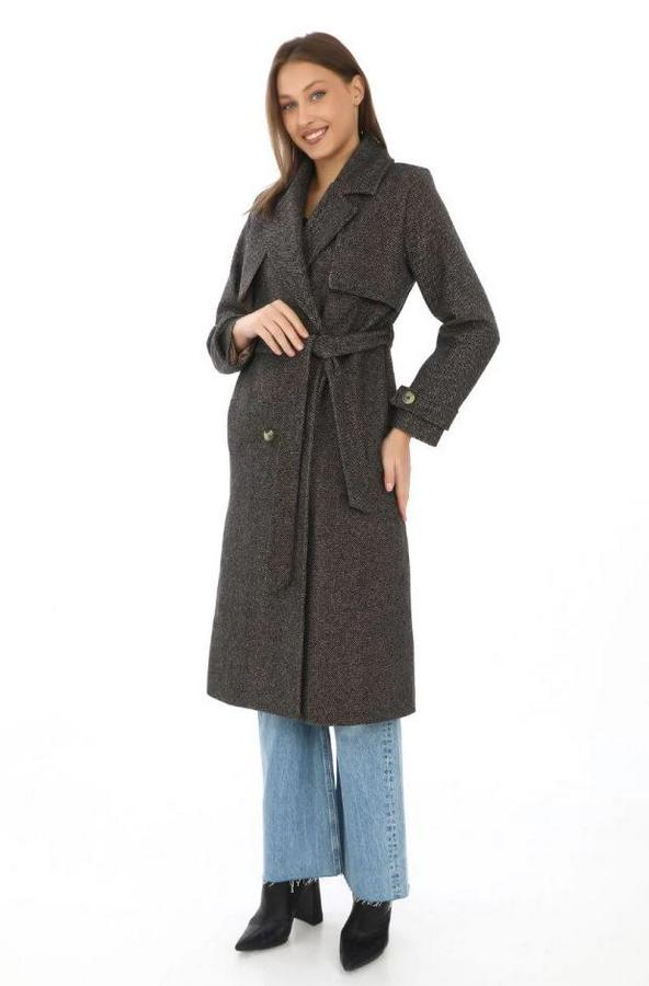 Balık Sırtı Yünlü Dokuma Kaşe Kaban – Kruvaze Yaka, Kuşaklı, Cepli, Astarlı Uzun Boy Tesettür Şık Kışlık Kaşe Kaban Modeli