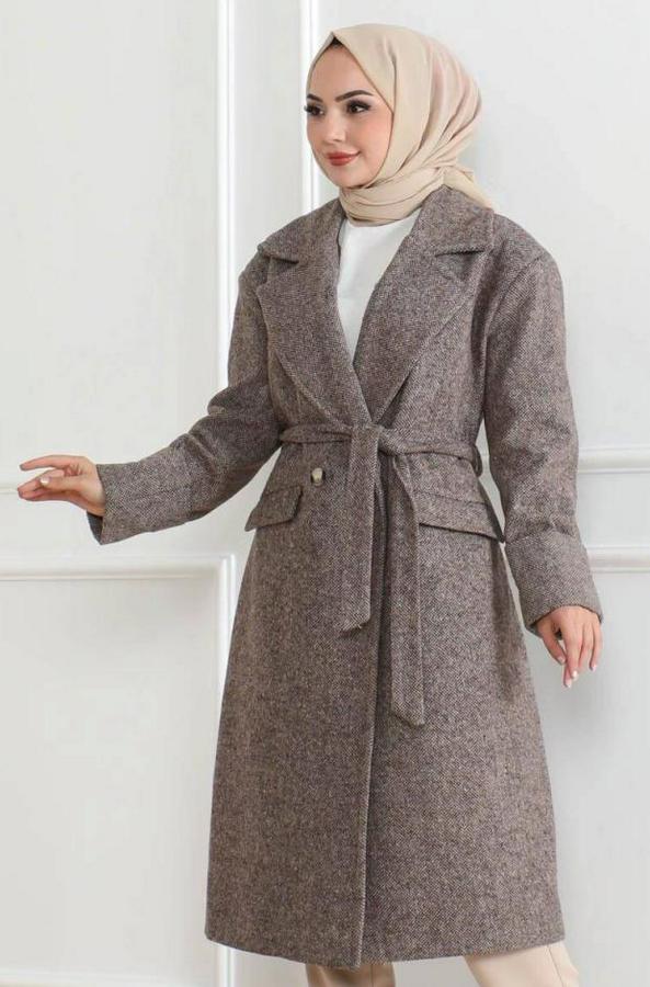 Beli Kuşaklı Yünlü Dokuma Kaşmir Kaban