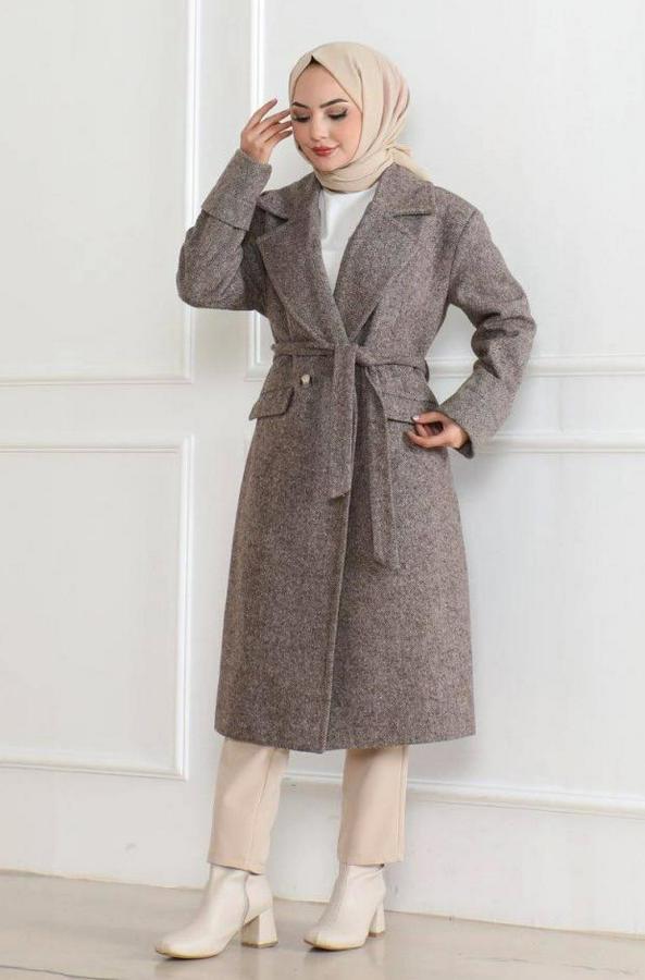 Beli Kuşaklı Yünlü Dokuma Kaşmir Kaban