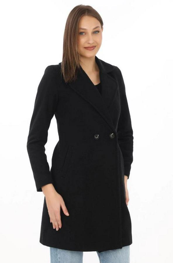 Kaşe Kaban – Siyah Yünlü Dokuma, Kruvaze Yaka, Astarlı, Cepli, Kuşaklı Uzun Boy Tesettür Uyumlu Kışlık Şık Kaban