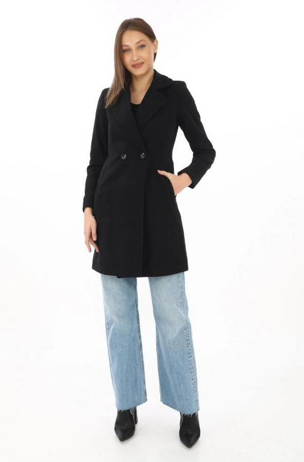 Kaşe Kaban – Siyah Yünlü Dokuma, Kruvaze Yaka, Astarlı, Cepli, Kuşaklı Uzun Boy Tesettür Uyumlu Kışlık Şık Kaban