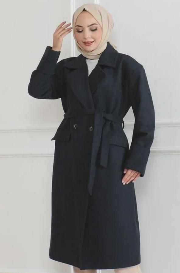 Kaşe Kaban Uzun Boy Kruvaze Yaka Kuşaklı Tesettür Kaşe Kaban Astarlı