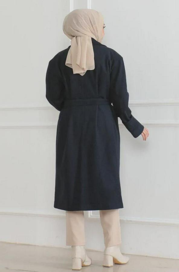 Kaşe Kaban Uzun Boy Kruvaze Yaka Kuşaklı Tesettür Kaşe Kaban Astarlı