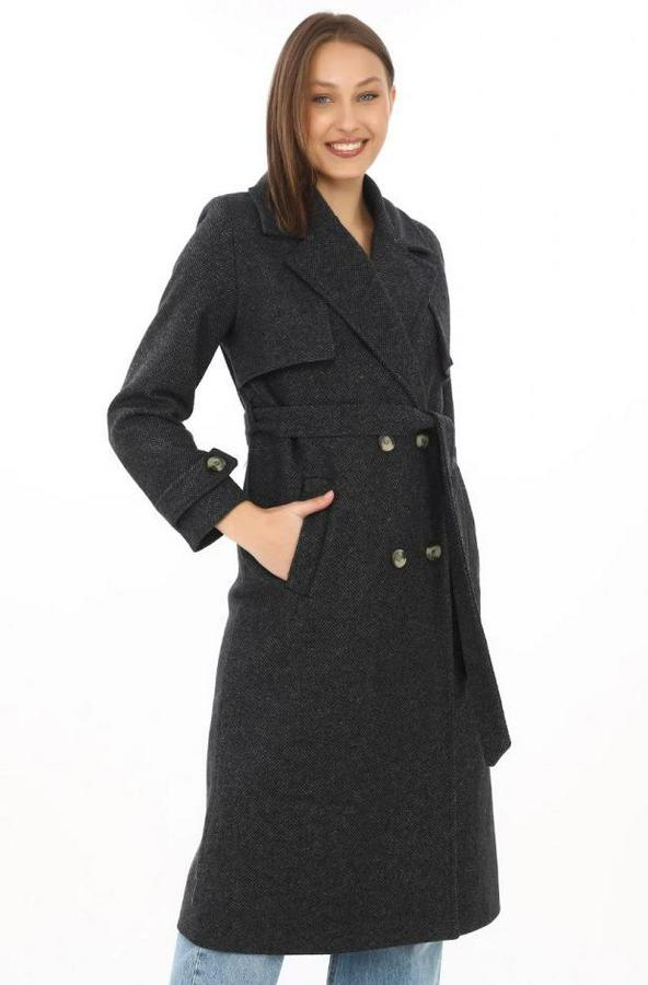 Premium Kaşe Kaban Uzun Boy, Balık Sırtı Yünlü Kaşmir Dokuma, Kruvaze Kuşaklı Astarlı