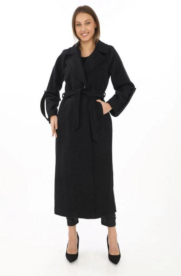 Uzun Kaşe Kaban – Yünlü Dokuma Kaşmir Kumaş, Kruvaze Yaka, Kuşaklı Astarlı Tesettür Uyumlu Şık Kışlık Siyah Model