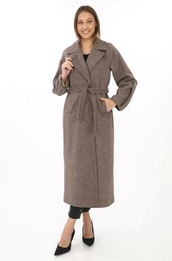 Uzun Kaşe Kaban – Yünlü Dokuma Kaşmir Kumaş, Kruvaze Yaka, Kuşaklı Astarlı Tesettür Uyumlu Şık Kışlık Siyah Model- Vizon