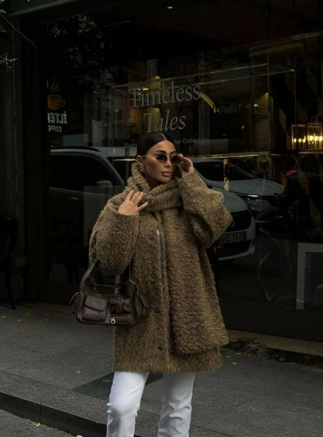 Yün Cıkartılabilen Atkılı ,Kaban Ikili Takım- Kahve