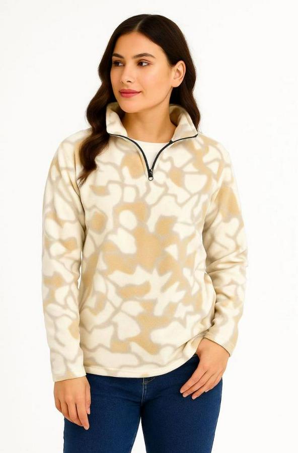 Kadin Yarım Fermuarlı Desenli Polar Sweat Yakalı, Uzun Kollu, Oversize Rahat Kalıp