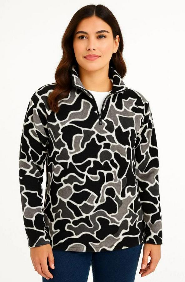 Kadin Yarım Fermuarlı Desenli Polar Sweat Yakalı, Uzun Kollu, Oversize Rahat Kalıp