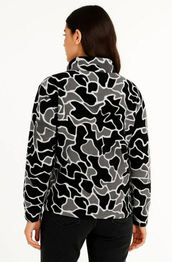 Kadin Yarım Fermuarlı Desenli Polar Sweat Yakalı, Uzun Kollu, Oversize Rahat Kalıp