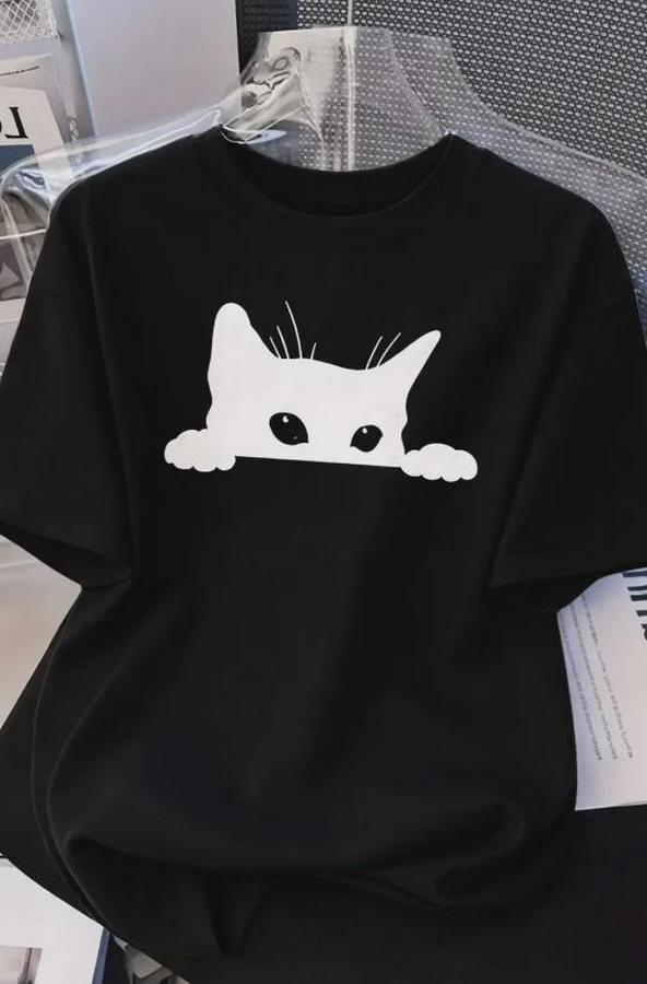 Kadınlar Için Siyah Kedi Grafik Tişört