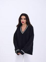 Triko V Yaka Çizgili Kazak-Siyah-Ekru