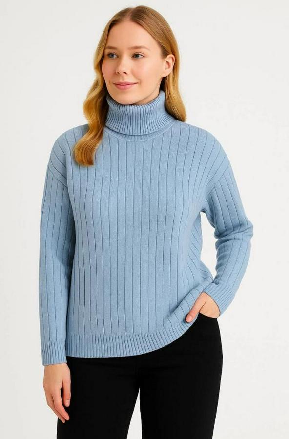 Balıkcı Yaka Bağazlı Triko Kazak Pamuklu Kalın Fitilli Dokuma