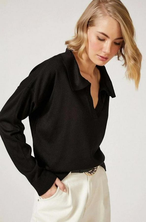 Beyaz Uzun Kollu Yakalı Triko Bluz