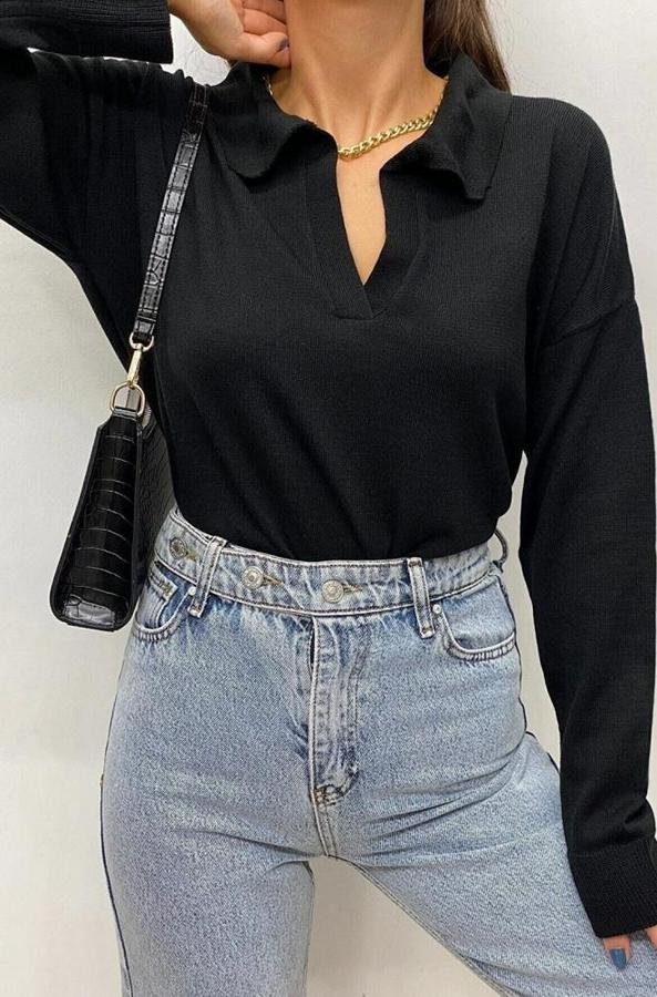 Beyaz Uzun Kollu Yakalı Triko Bluz