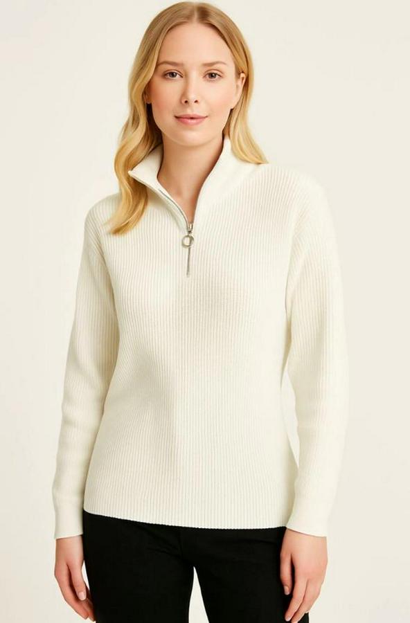 Kadin Yarım Fermuarlı Triko Kazak – Selanik Örgü, Dik Yaka, Pamuklu Dokuma, Oversize Uzun Kollu Kışlık Model