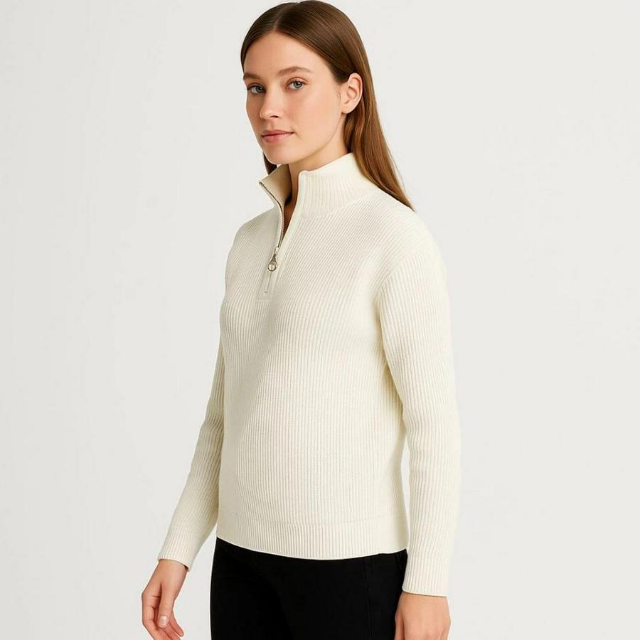 Kadin Yarım Fermuarlı Triko Kazak – Selanik Örgü, Dik Yaka, Pamuklu Dokuma, Oversize Uzun Kollu Kışlık Model