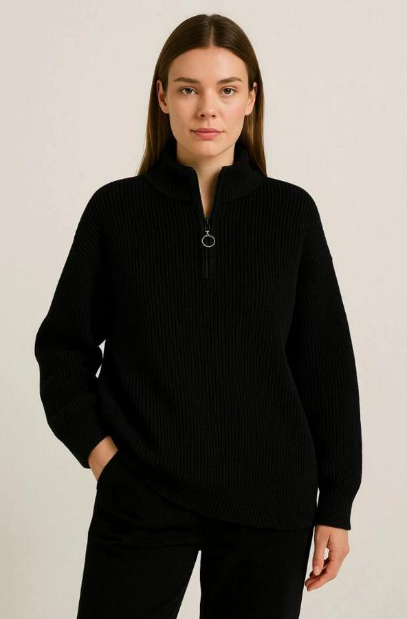 Kadin Yarım Fermuarlı Triko Kazak – Selanik Örgü, Dik Yaka, Pamuklu Dokuma, Oversize Uzun Kollu Kışlık Model