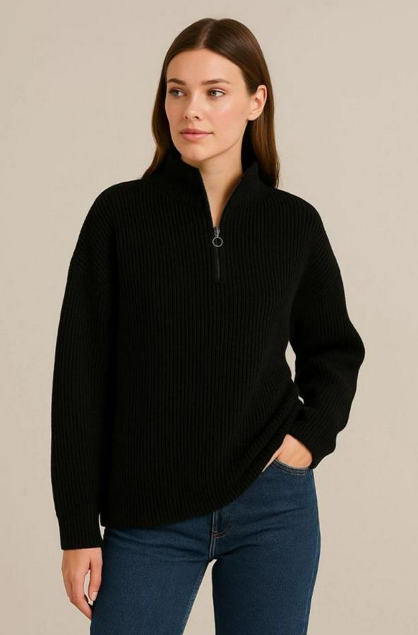 Kadin Yarım Fermuarlı Triko Kazak – Selanik Örgü, Dik Yaka, Pamuklu Dokuma, Oversize Uzun Kollu Kışlık Model