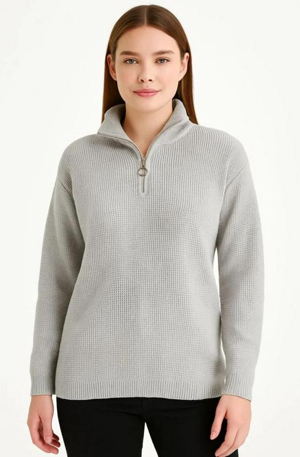 Kadin Yarım Fermuarlı Triko Kazak – Selanik Örgü, Dik Yaka, Pamuklu Dokuma, Regular Fit Uzun Kollu Kışlık Model