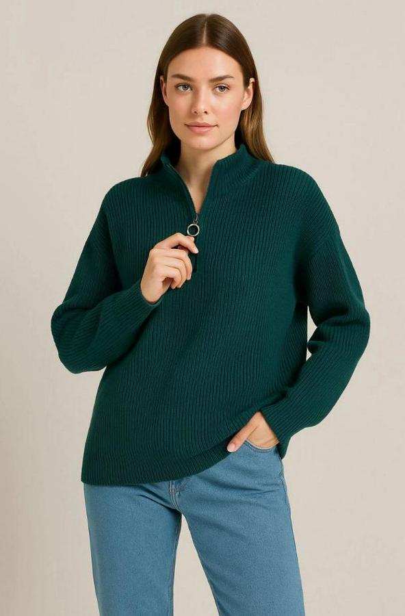 Kadin Yarım Fermuarlı Triko Kazak – Selanik Örgü, Dik Yaka, Pamuklu Dokuma, Oversize Uzun Kollu Kışlık Model