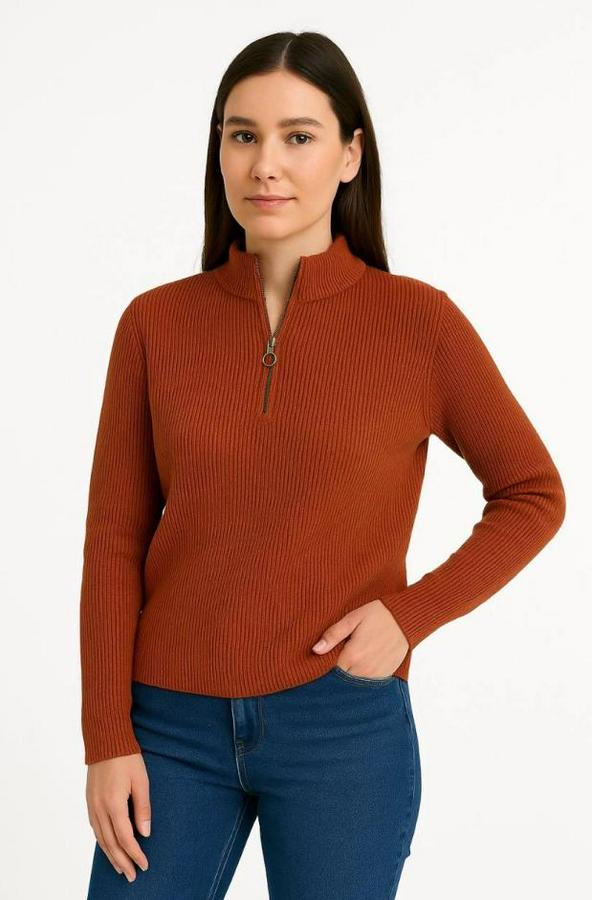 Kadin Yarım Fermuarlı Triko Kazak – Selanik Örgü, Dik Yaka, Pamuklu Dokuma, Oversize Uzun Kollu Kışlık Model