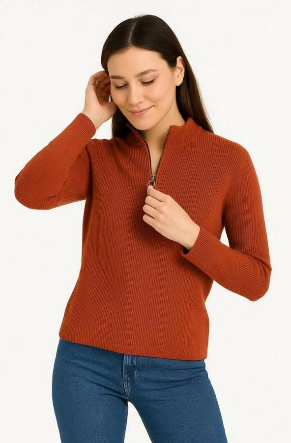 Kadin Yarım Fermuarlı Triko Kazak – Selanik Örgü, Dik Yaka, Pamuklu Dokuma, Oversize Uzun Kollu Kışlık Model