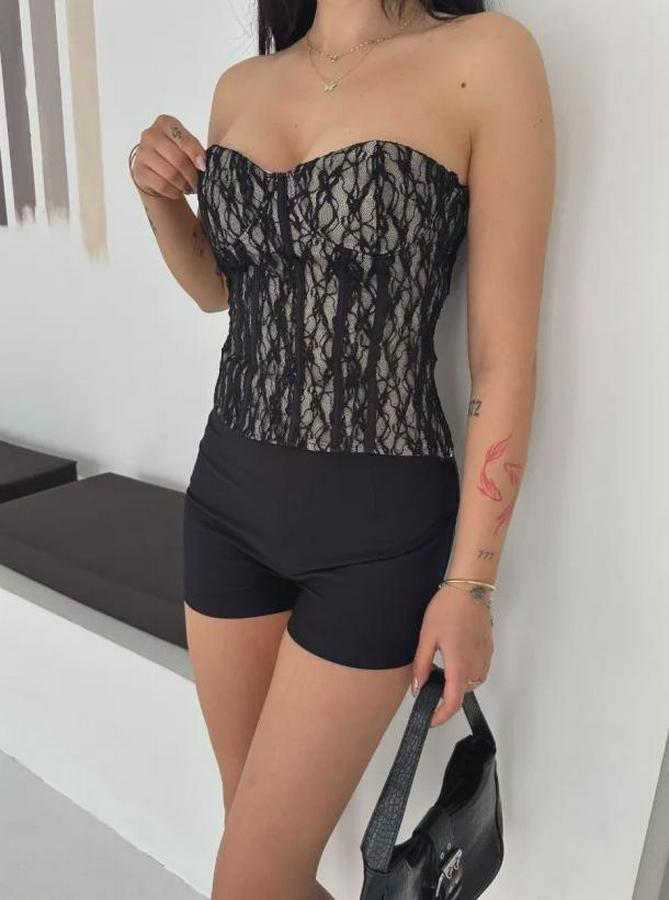 Fermuarlı Dantel Korse Straplez Bustiyer Transparan Şık Top