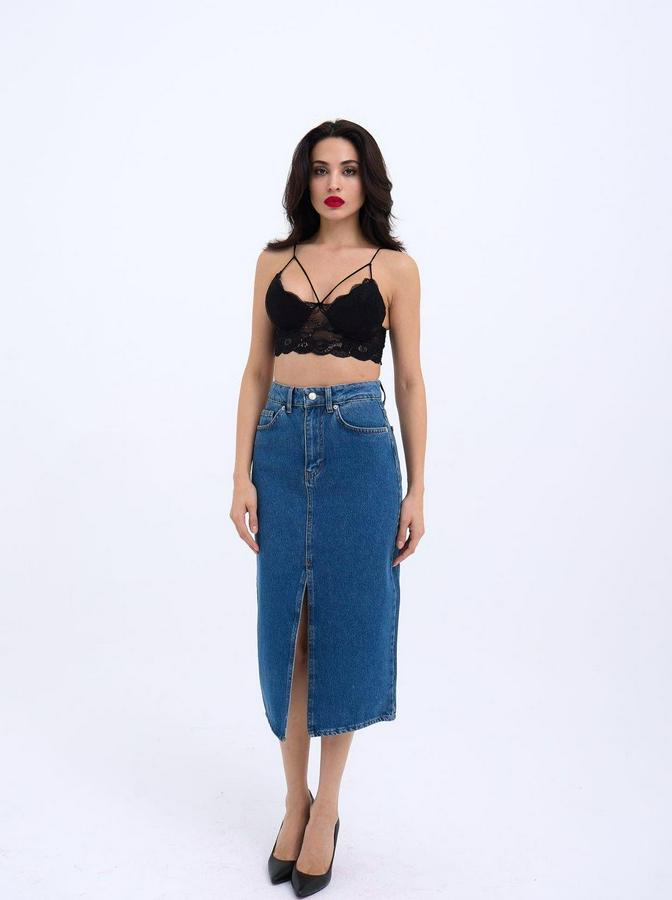 Denim Midi Slit Skirt-Koyu Mavi