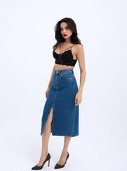 Denim Midi Slit Skirt-Koyu Mavi