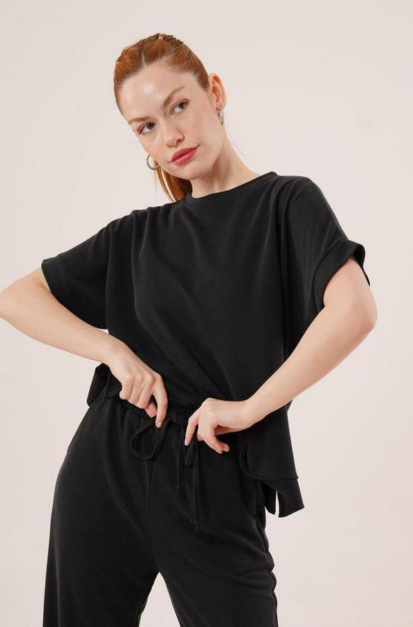 Modal Kısa Kollu Üst Ve Geniş Paça Eşofman Ikili Siyah Takım