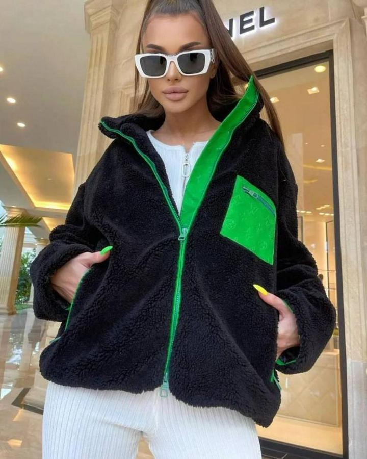 Uzun Kollu Renkli Cep Ve Fermuar Detay Peluş Mont