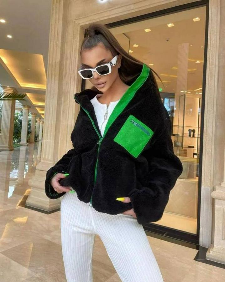 Uzun Kollu Renkli Cep Ve Fermuar Detay Peluş Mont