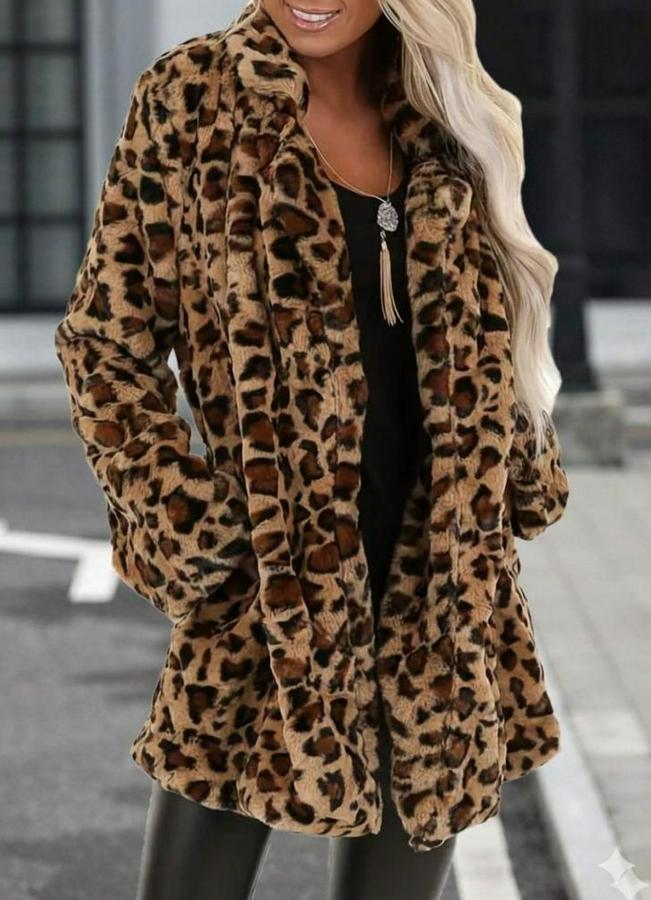 Uzun Kollu Yakalı Cepli Kısa Peluş Leopar Kaban