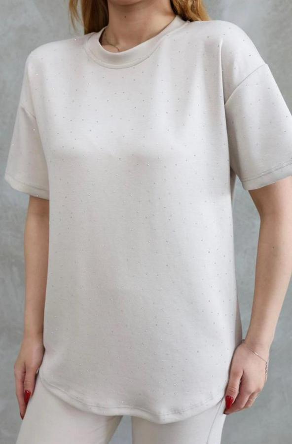 Osy Modal Yumuşak Dokulu Kumaş Bisiklet Yaka Taş Detaylı Kısa Kollu Takım