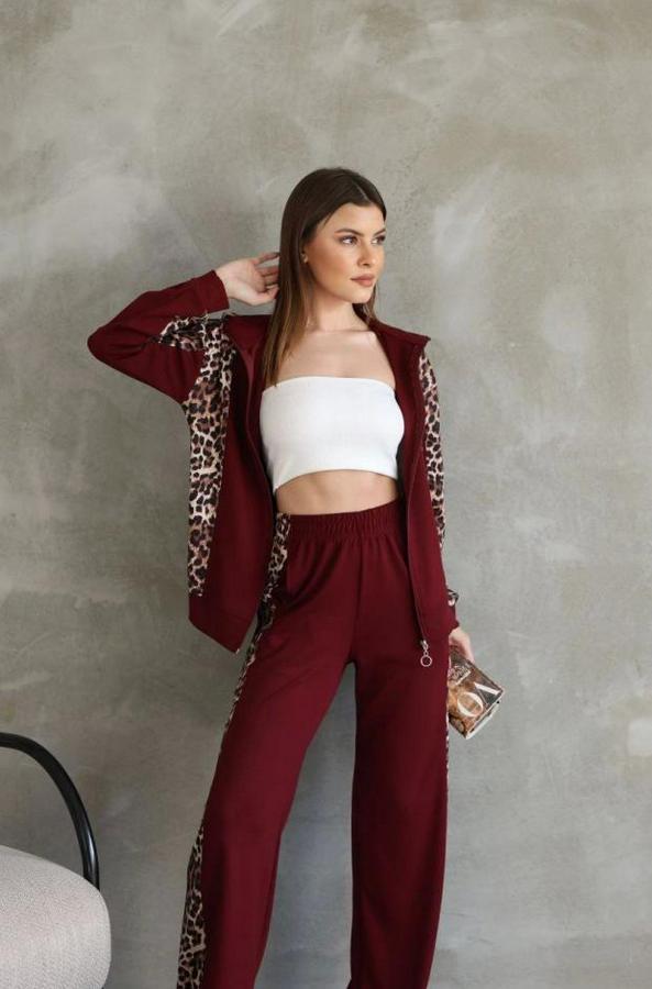 Osy Modal Yumuşak Dokulu Kumaş Kapüşonlu Leopar Desenli Fermuarlı Takım