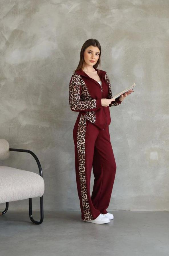 Osy Modal Yumuşak Dokulu Kumaş Kapüşonlu Leopar Desenli Fermuarlı Takım