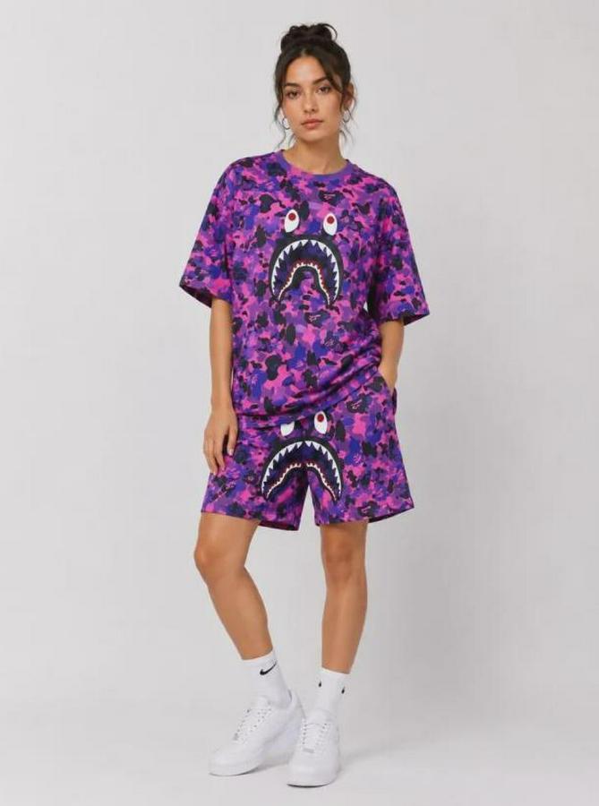 Oversize Kalıp Pubg Bape X Shark Nakışlı Cepli Şort Takım