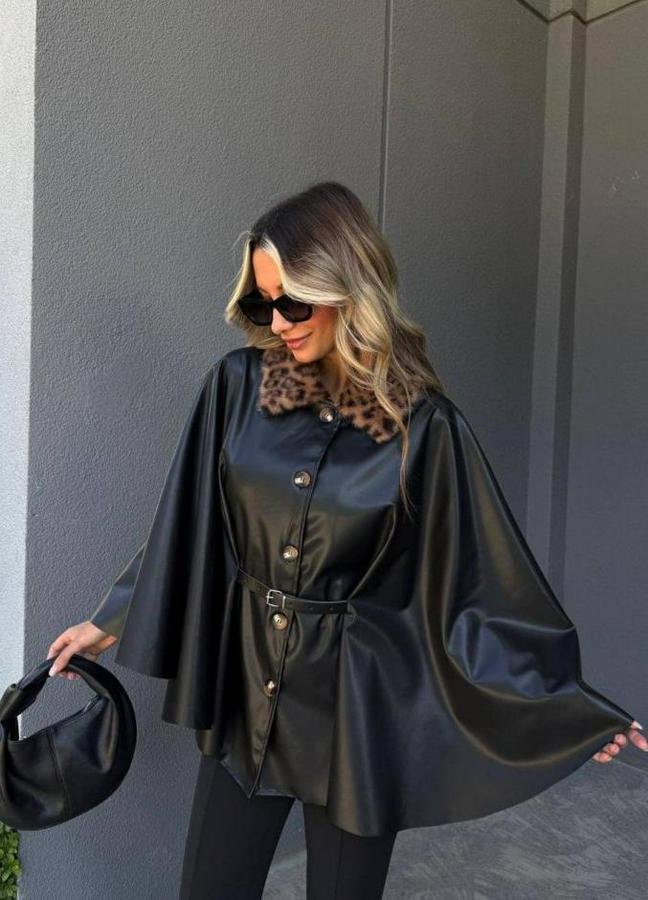 Uzun Kollu Leopar Yaka Detay Kuşak Dahil Deri Panço