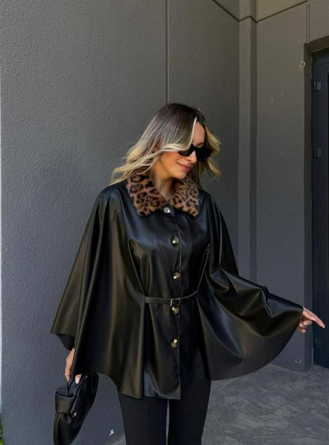 Uzun Kollu Leopar Yaka Detay Kuşak Dahil Deri Panço