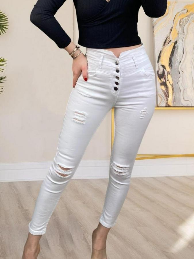 Düğmeli V Detay Bel Yırtık Kot