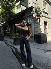 Arkadan Yırtmaçlı Jeans Kot Palazzo Pantolon