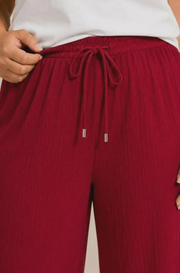 Battal Beden Bürümcük Kumaş Beli Lastikli Bağcıklı Bol Paça Palazzo Pantolon