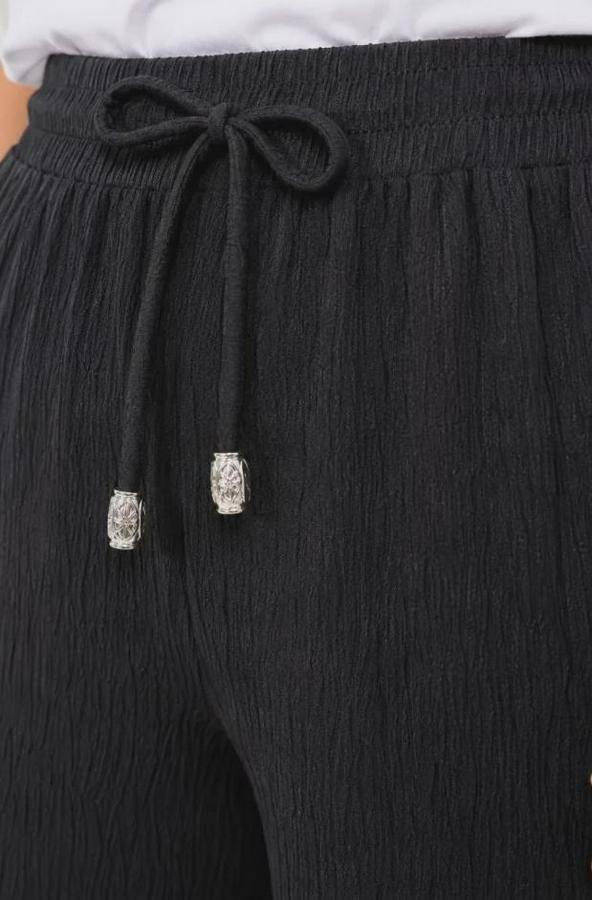 Battal Beden Bürümcük Kumaş Beli Lastikli Bağcıklı Bol Paça Palazzo Pantolon