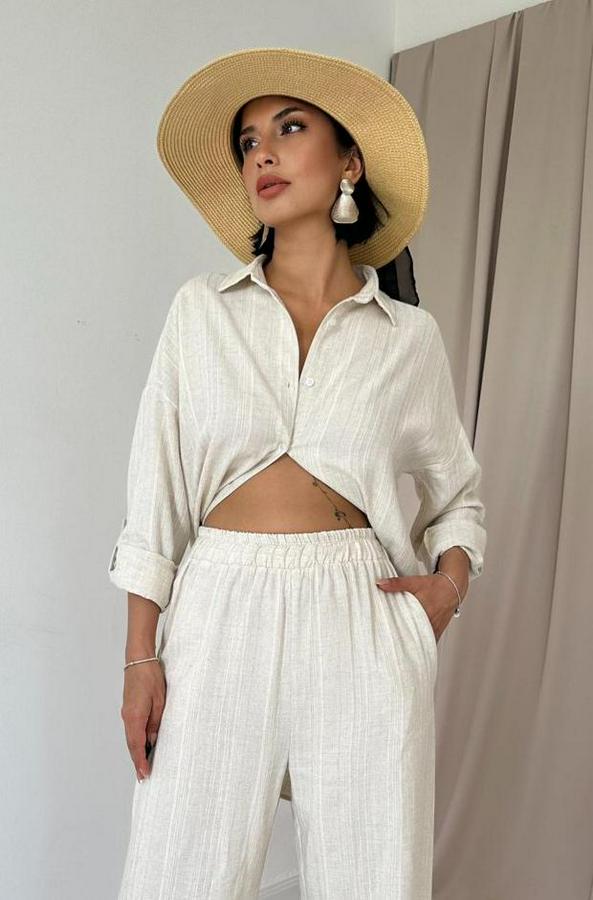 Bej Jakar Petek Gömlek Ve Pantolon Takım