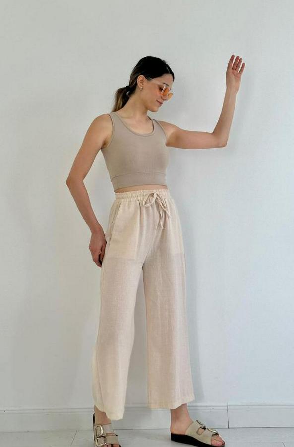 Bej Keten Pantolon