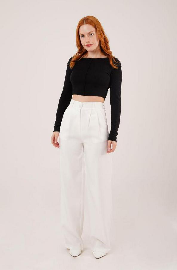Bol Paça Piliseli Beyaz Pantolon