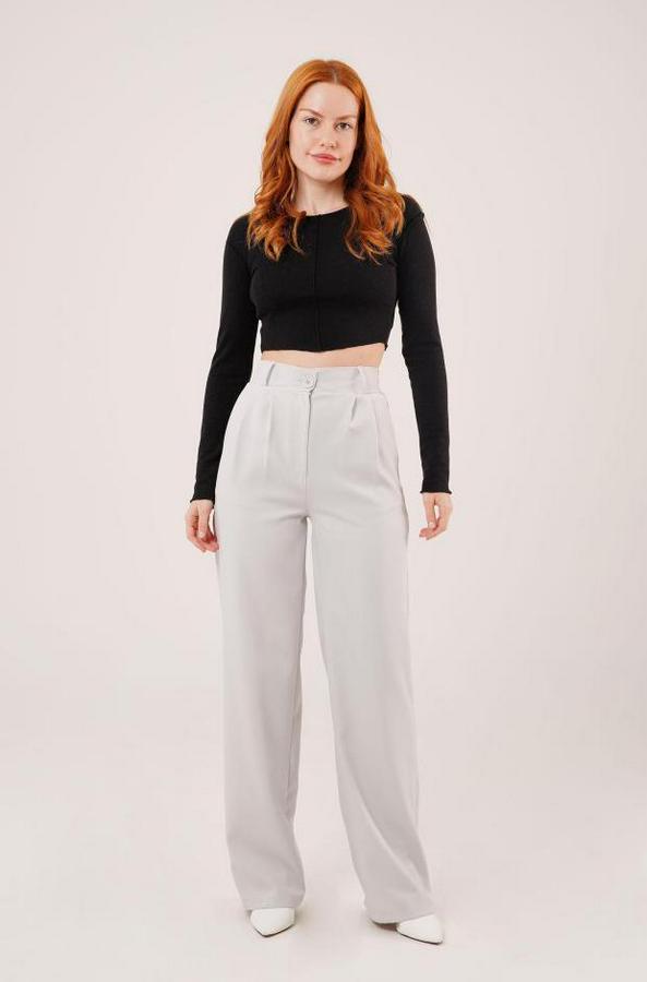 Bol Paça Piliseli Gri Pantolon