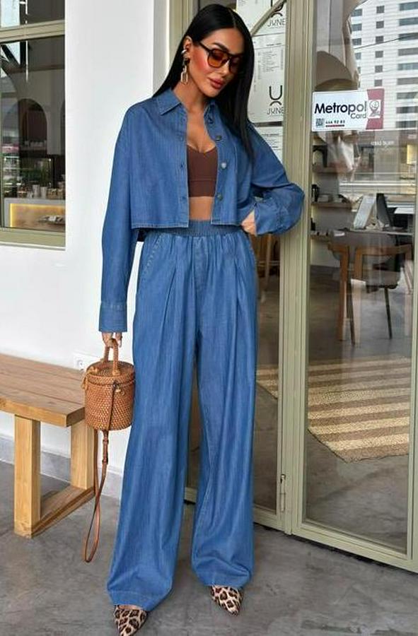 Denim Gömlek Plazzo Pantolon Takım 10163-08